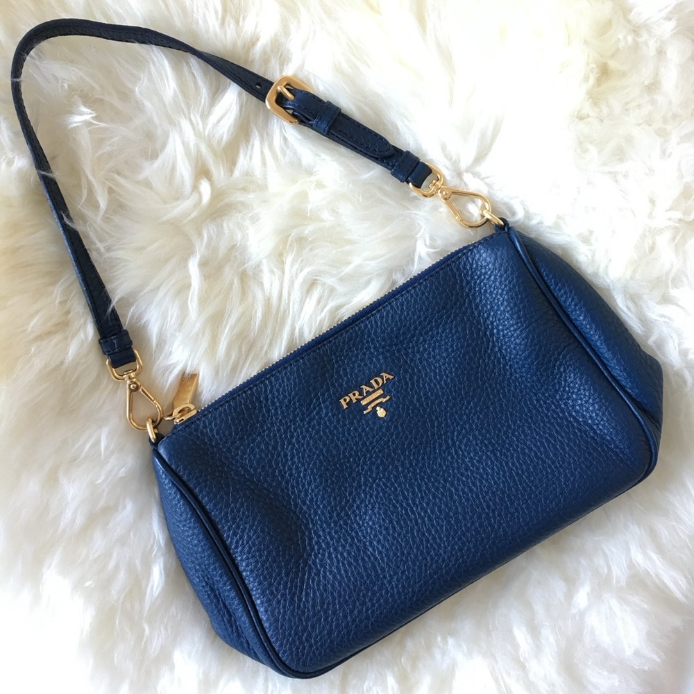 Prada Navy Blue Small Grained Calf Leather Shoulder Bag